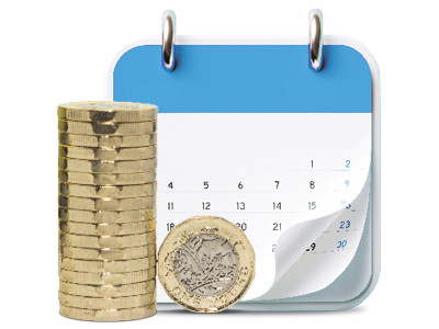 A stack of coins next to a calendar